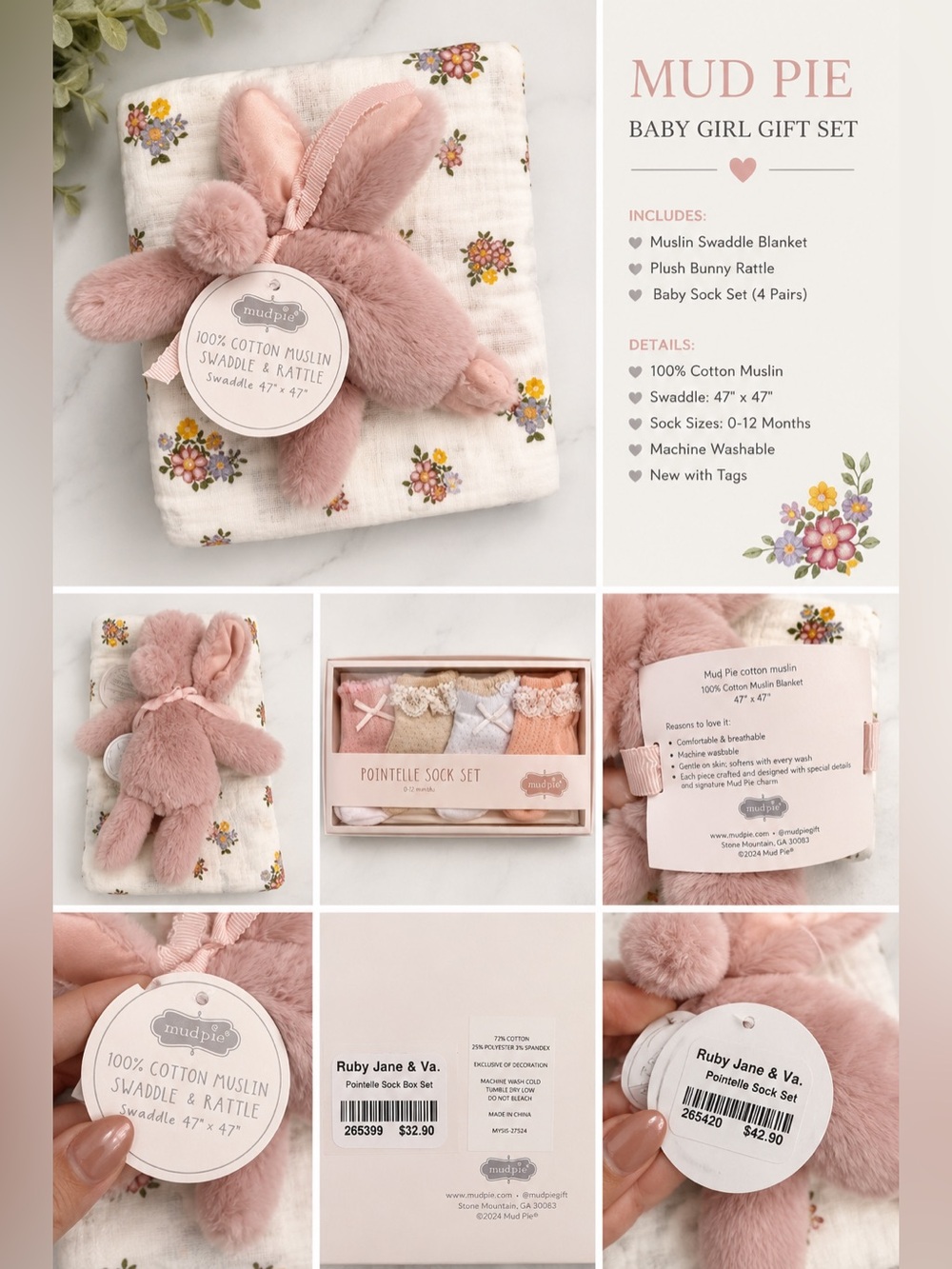 Mud Pie Pink Plush Bunny Swaddle & Rattle Set
